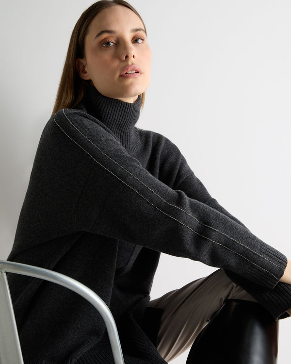 N.Peal Women's Mock Neck Long Cashmere Jumper Deep Charcoal Grey