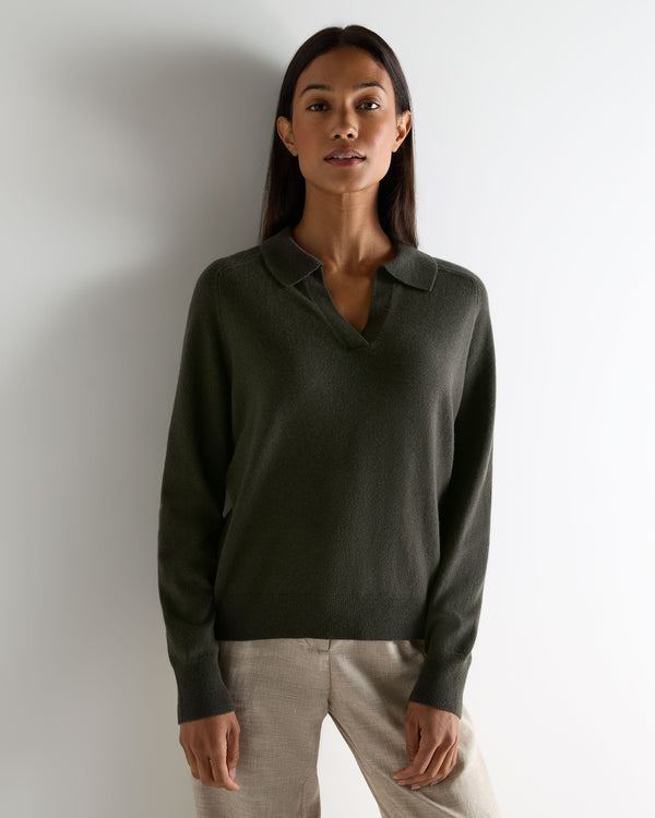 N.Peal Women's Harriet Cashmere Polo Shirt Arabica Khaki Green