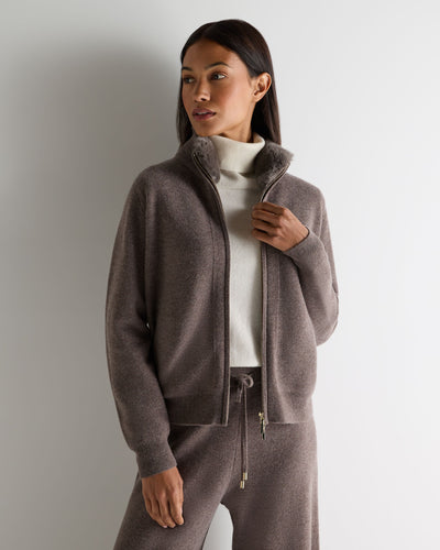 N.Peal Women's Honeycomb Full Zip Cashmere Jumper With Fur Trim Otter Brown