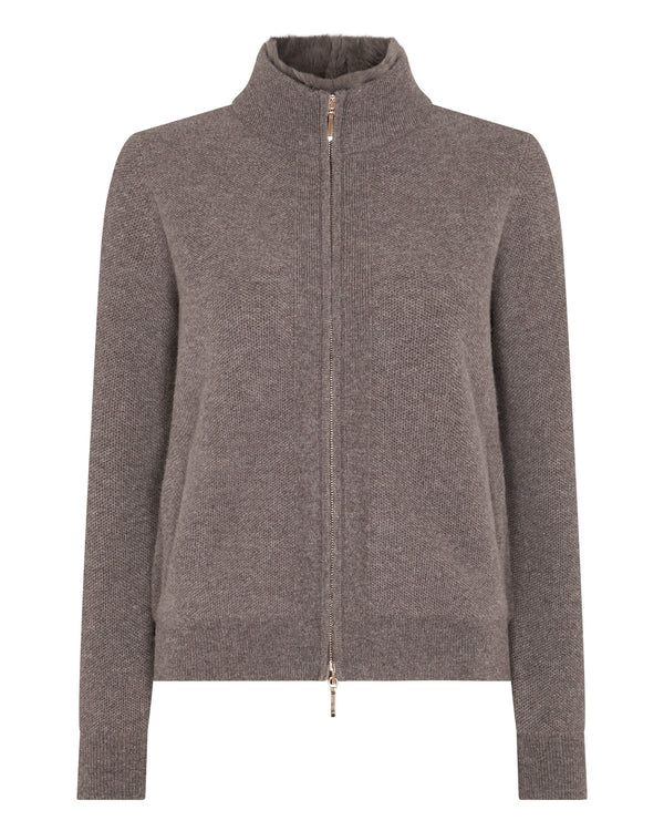 N.Peal Women's Honeycomb Full Zip Cashmere Jumper With Fur Trim Otter Brown