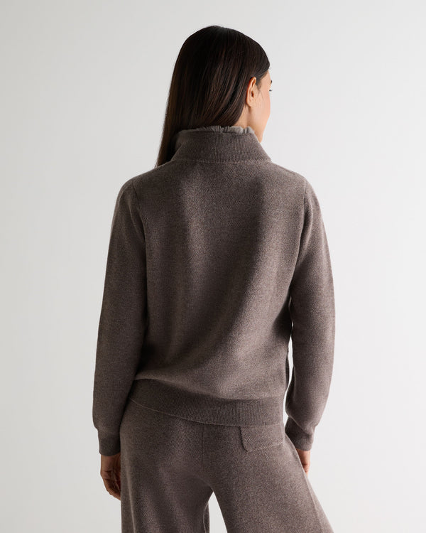 N.Peal Women's Honeycomb Full Zip Cashmere Jumper With Fur Trim Otter Brown