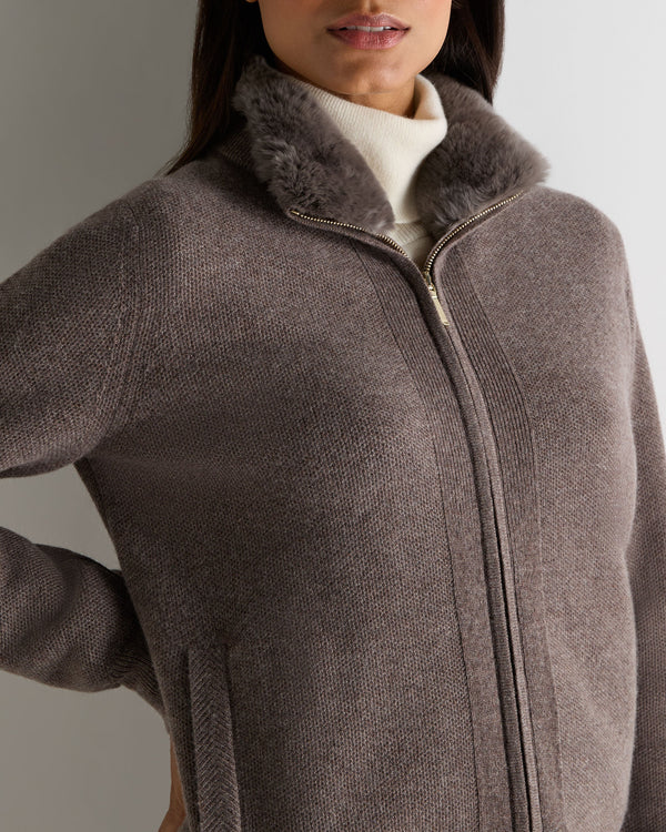 N.Peal Women's Honeycomb Full Zip Cashmere Jumper With Fur Trim Otter Brown