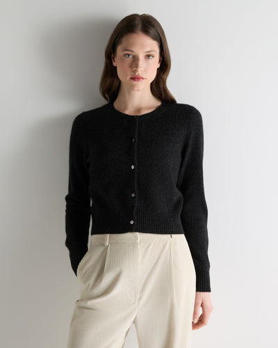 N.Peal Women's Chunky Crop Cashmere Cardigan Charcoal Grey Melange