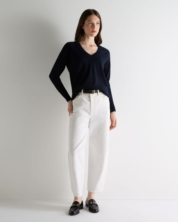 N.Peal Women's Relaxed V Neck Cashmere Jumper Navy Blue