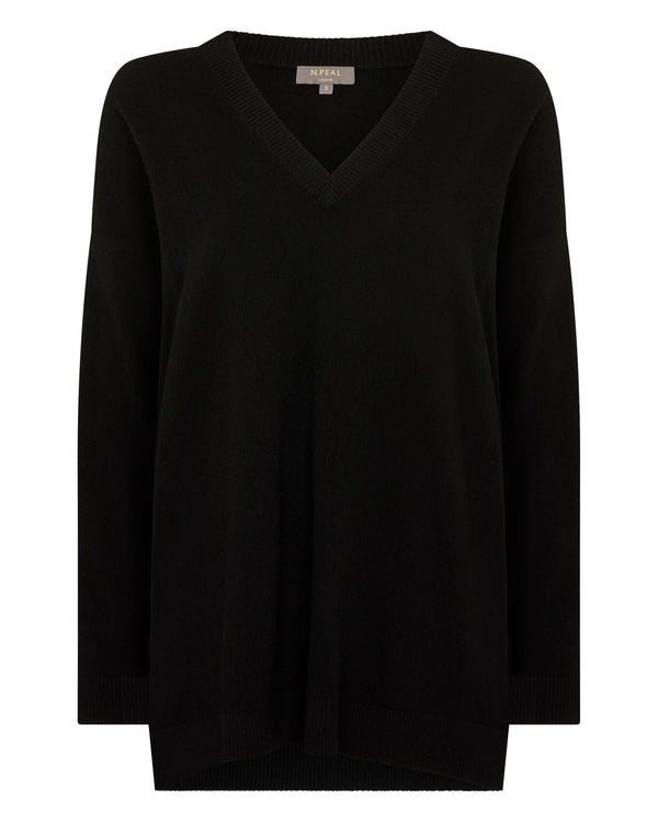 N.Peal Women's Longline V Neck Cashmere Jumper Black