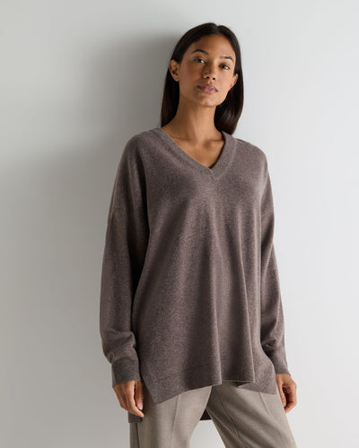 N.Peal Women's Longline V Neck Cashmere Jumper Otter Brown