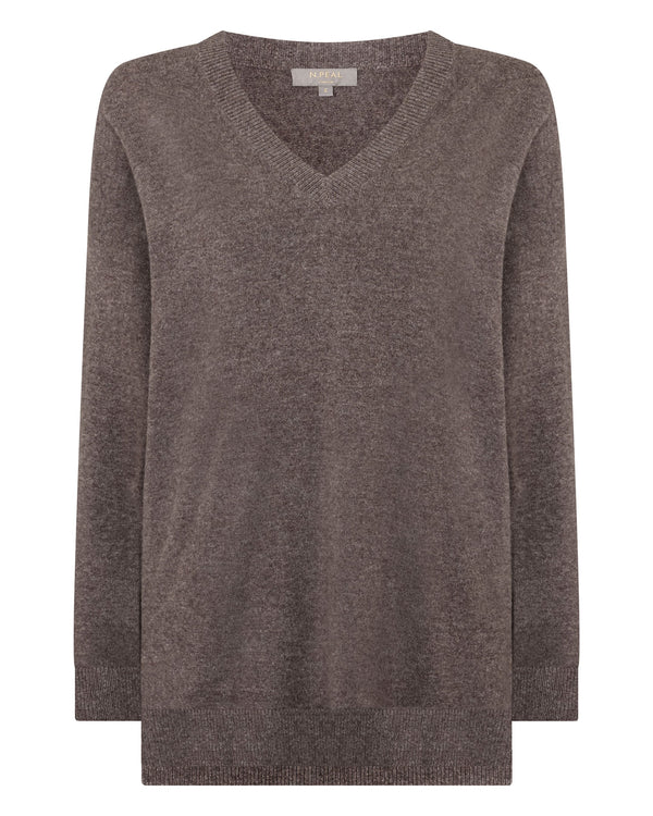 N.Peal Women's Longline V Neck Cashmere Jumper Otter Brown