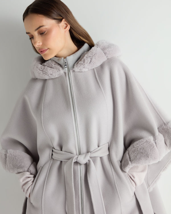 N.Peal Women's Poppy Cape With Fur Trim Snow Grey