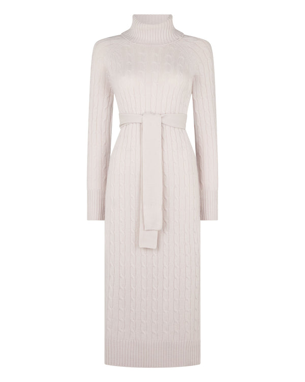 N.Peal Women's Longline Cable Cashmere Dress Snow Grey