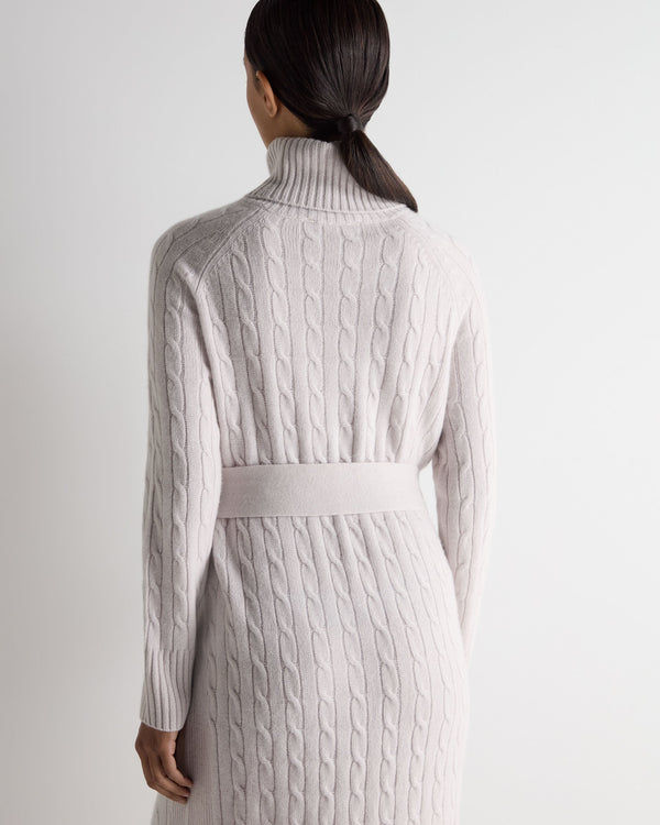 N.Peal Women's Longline Cable Cashmere Dress Snow Grey