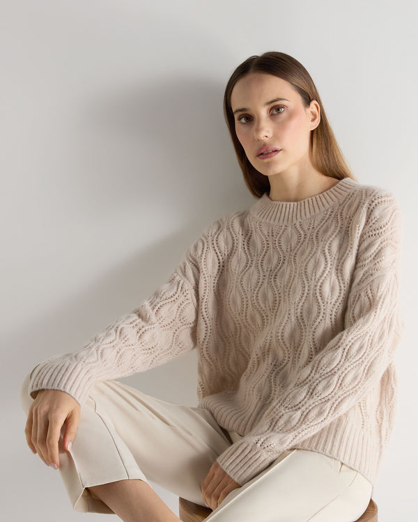 N.Peal Women's Chunky Lace Stitch Cashmere Jumper Ecru White