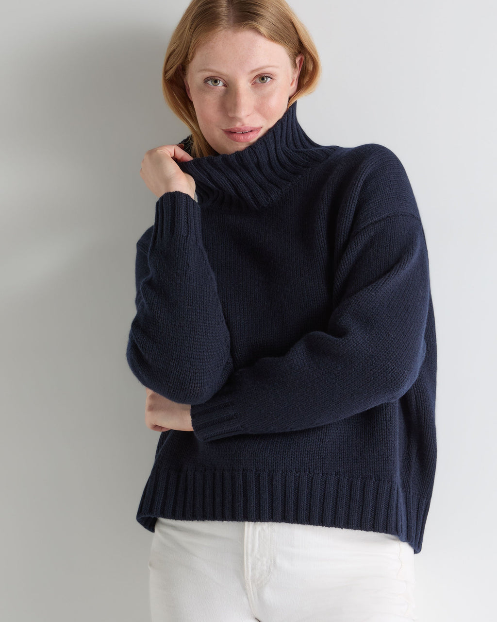 Women's Chunky Funnel Neck Cashmere Jumper Navy Blue