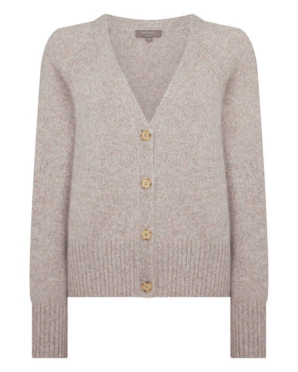 N.Peal Women's Relaxed V Neck Cashmere Cardigan Basilica Beige Brown Marl