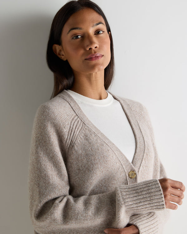 N.Peal Women's Relaxed V Neck Cashmere Cardigan Basilica Beige Brown Marl