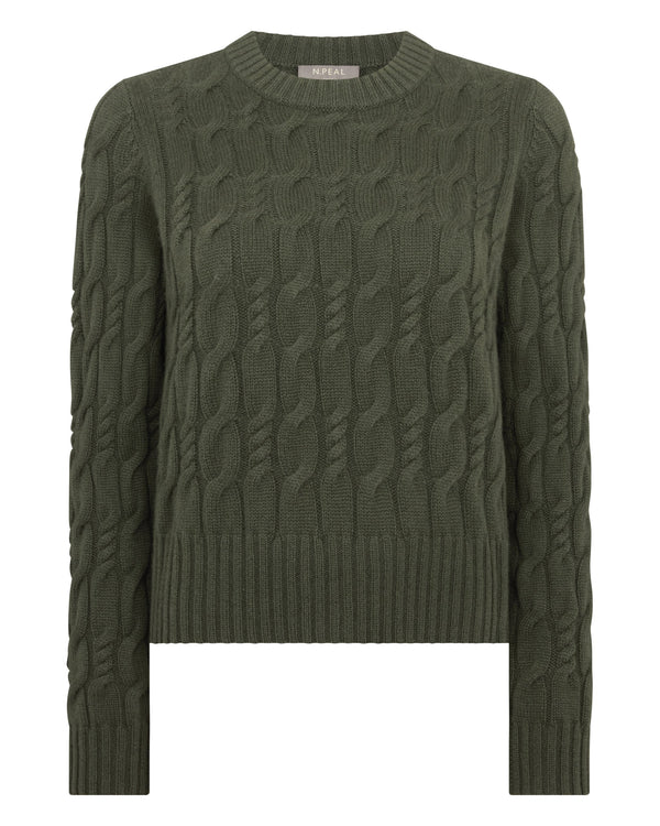 N.Peal Women's Cable Cashmere Jumper Army Green