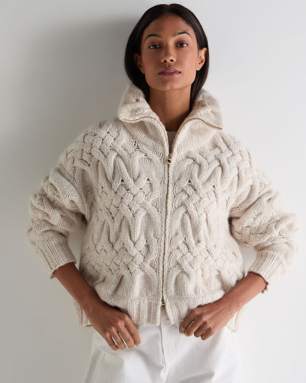 N.Peal Women's Hero Zip Cable Cashmere Jumper Ecru White