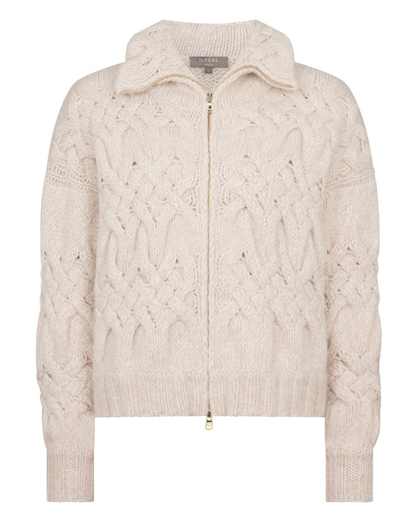 N.Peal Women's Hero Zip Cable Cashmere Jumper Ecru White