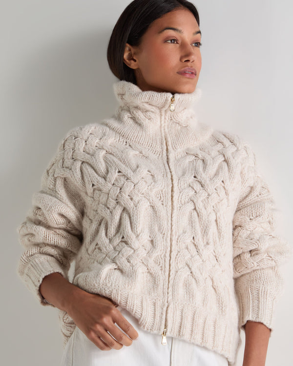 N.Peal Women's Hero Zip Cable Cashmere Jumper Ecru White