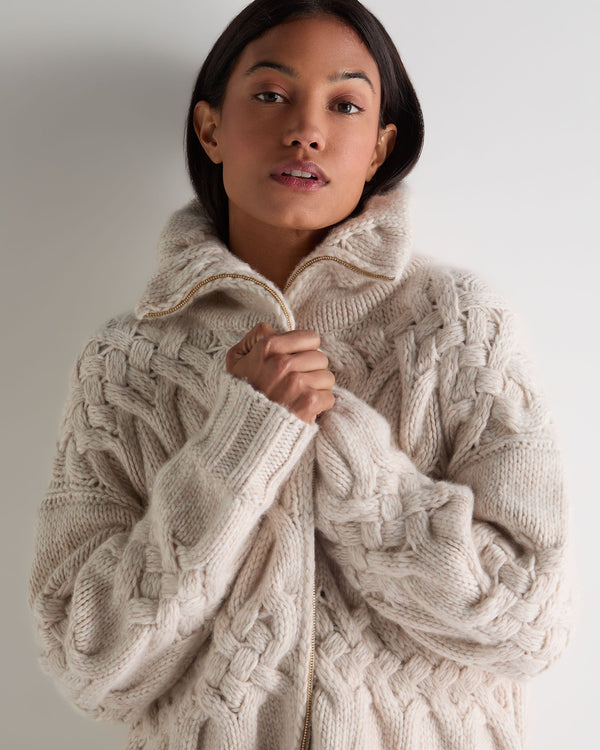 N.Peal Women's Hero Zip Cable Cashmere Jumper Ecru White