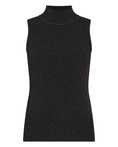 N.Peal Women's Turtle Neck Cashmere Tank Top With Metal Trim Deep Charcoal Grey