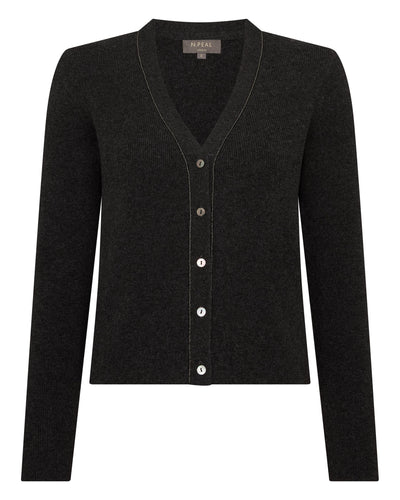N.Peal Women's Ribbed Cashmere Cardigan With Metal Trim Deep Charcoal Grey
