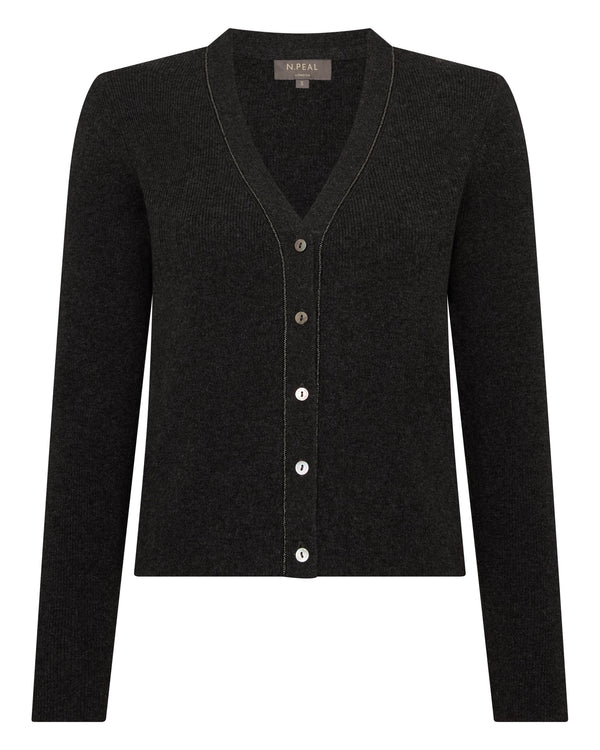 N.Peal Women's Ribbed Cashmere Cardigan With Metal Trim Deep Charcoal Grey