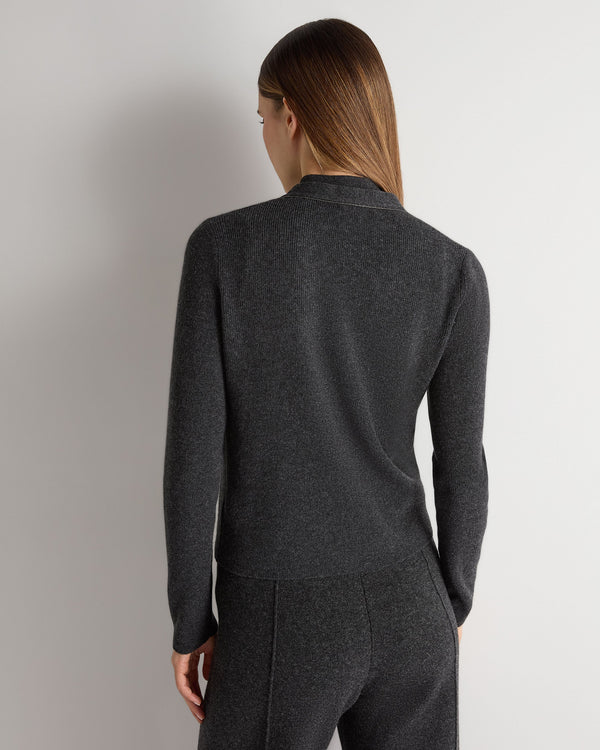 N.Peal Women's Ribbed Cashmere Cardigan With Metal Trim Deep Charcoal Grey