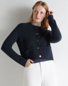 Women's Collarless Jacquard Cashmere Jacket Navy Blue