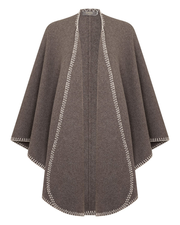 N.Peal Women's Milano Stitch Trim Cashmere Cape Otter Brown