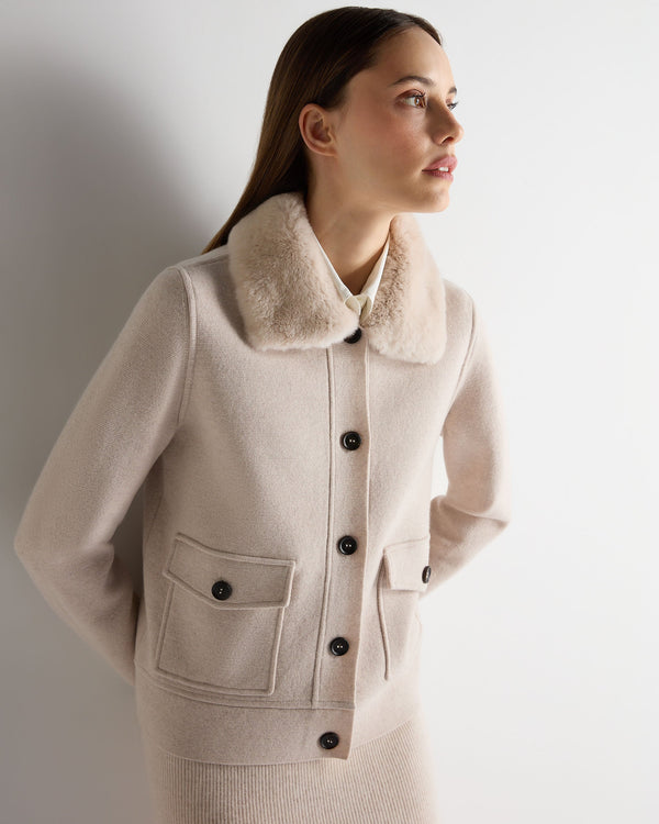 N.Peal Women's Fur Collar Milano Cashmere Jacket Ecru White