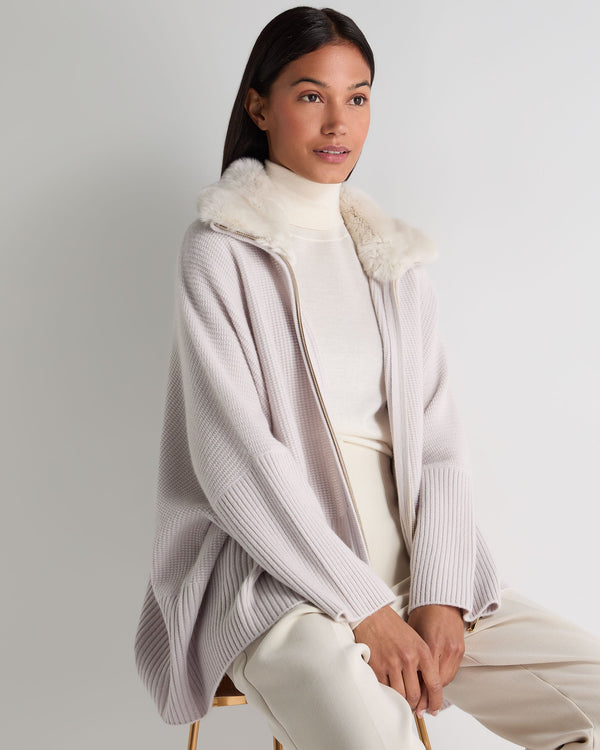 N.Peal Women's Textured Zip Through Cashmere Poncho With Fur Snow Grey