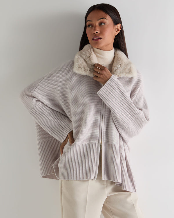 N.Peal Women's Textured Zip Through Cashmere Poncho With Fur Snow Grey