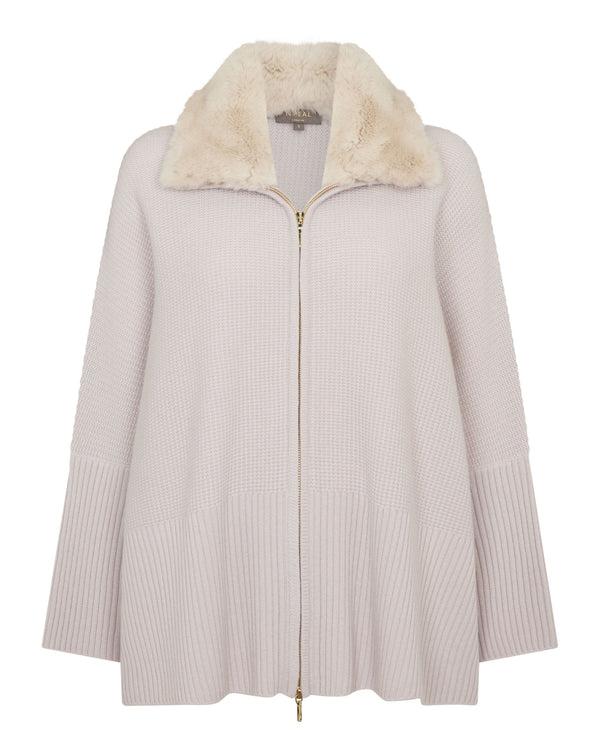 N.Peal Women's Textured Zip Through Cashmere Poncho With Fur Snow Grey