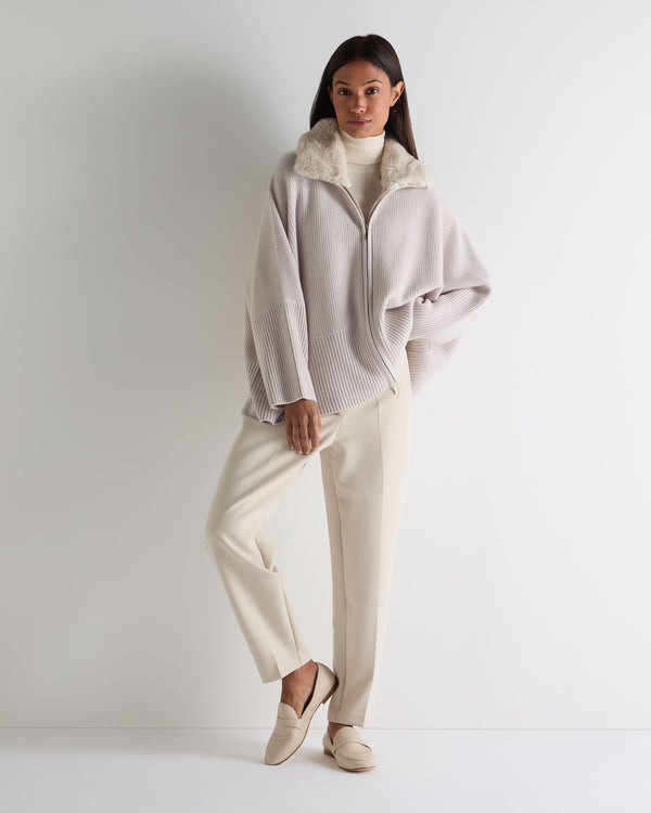 N.Peal Women's Textured Zip Through Cashmere Poncho With Fur Snow Grey