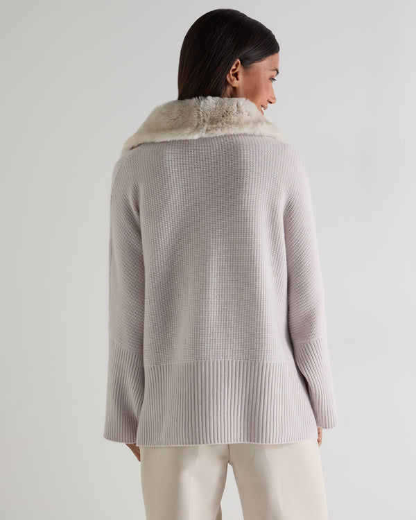 N.Peal Women's Textured Zip Through Cashmere Poncho With Fur Snow Grey