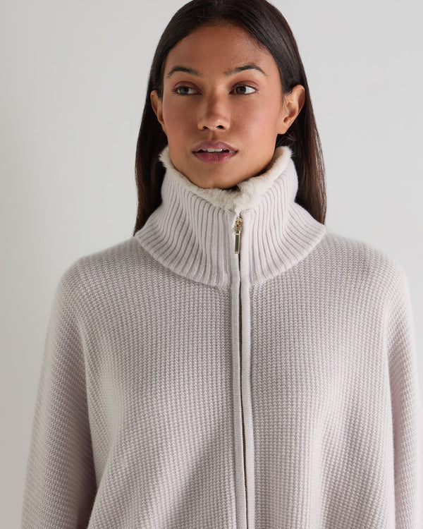 N.Peal Women's Textured Zip Through Cashmere Poncho With Fur Snow Grey