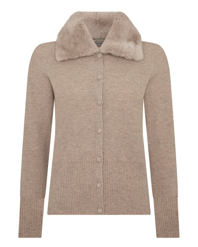 N.Peal Women's Honeycomb Fur Trim Cashmere Cardigan Oatmeal Brown