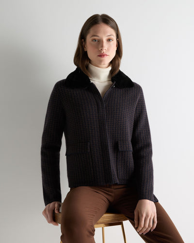 N.Peal Women's Dogtooth Fur Trim Cashmere Jacket Navy Blue