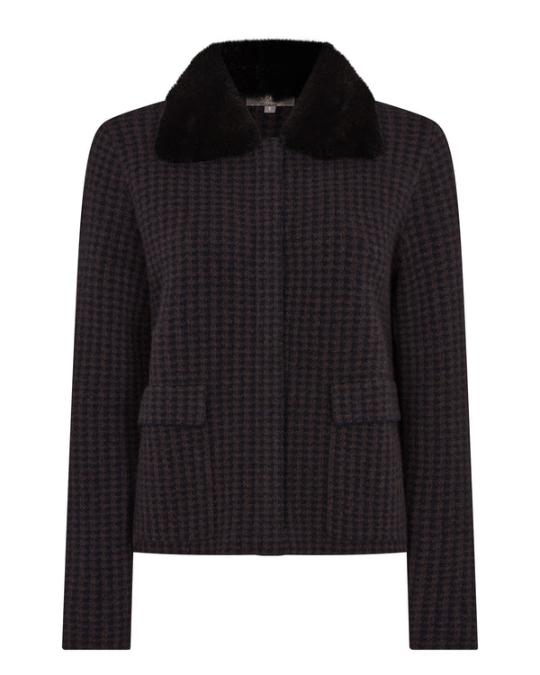 N.Peal Women's Dogtooth Fur Trim Cashmere Jacket Navy Blue