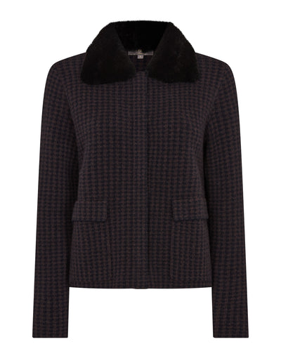 N.Peal Women's Dogtooth Fur Trim Cashmere Jacket Navy Blue