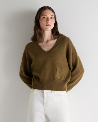 N.Peal Women's Cropped V Neck Cashmere Jumper Cinnamon Brown