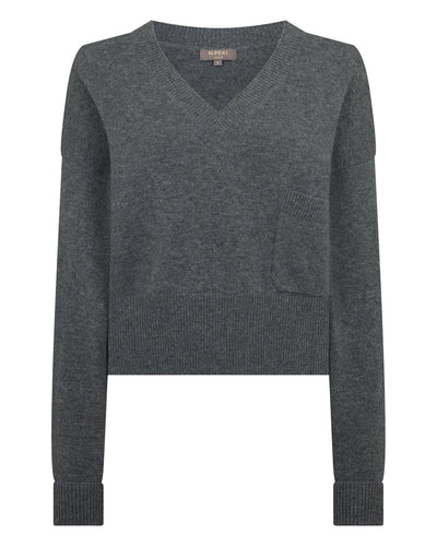 N.Peal Women's Cropped V Neck Cashmere Jumper Elephant Grey