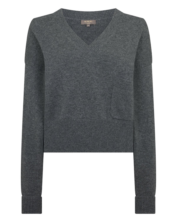 N.Peal Women's Cropped V Neck Cashmere Jumper Elephant Grey