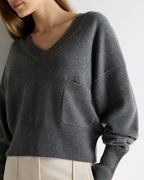 N.Peal Women's Cropped V Neck Cashmere Jumper Elephant Grey