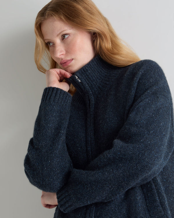 N.Peal Women's Marl Zip Through Cashmere Jacket Atlantic Blue Melange