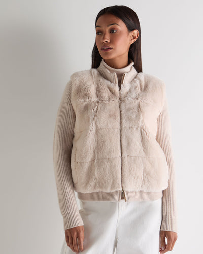 N.Peal Women's Fur Trim Rib Cashmere Cardigan Ecru White