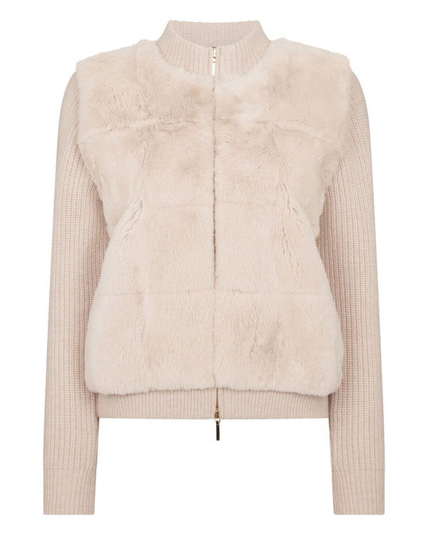 N.Peal Women's Fur Trim Rib Cashmere Cardigan Ecru White