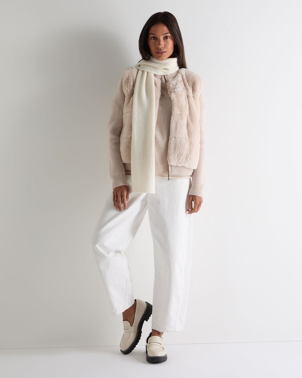 N.Peal Women's Fur Trim Rib Cashmere Cardigan Ecru White