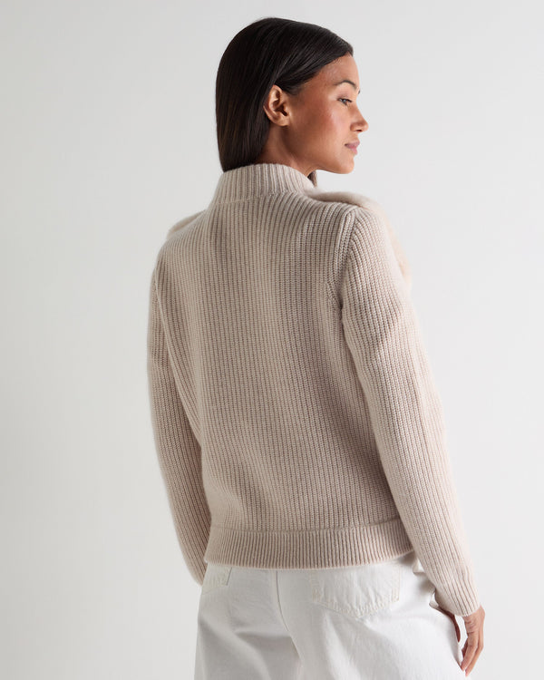 N.Peal Women's Fur Trim Rib Cashmere Cardigan Ecru White