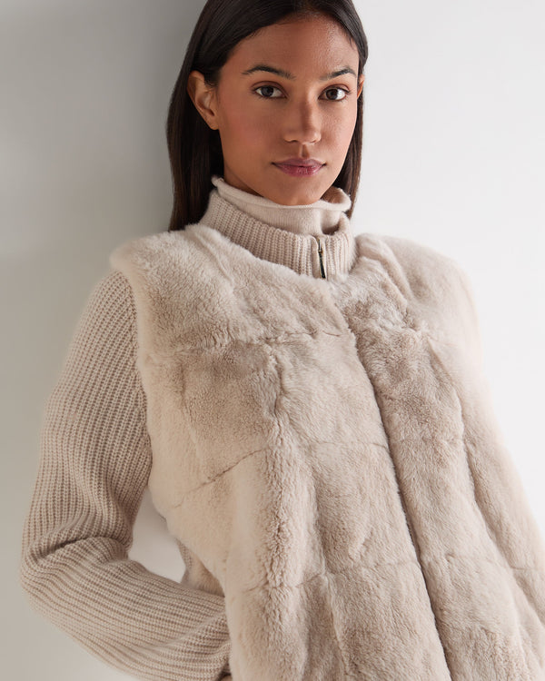 N.Peal Women's Fur Trim Rib Cashmere Cardigan Ecru White